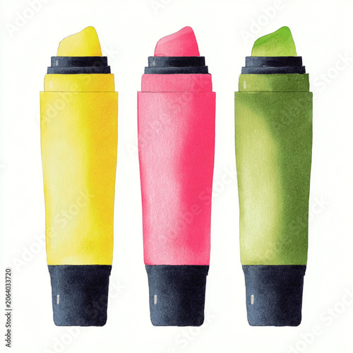 Highlighter Pens in Yellow Pink and Green Watercolor Illustration