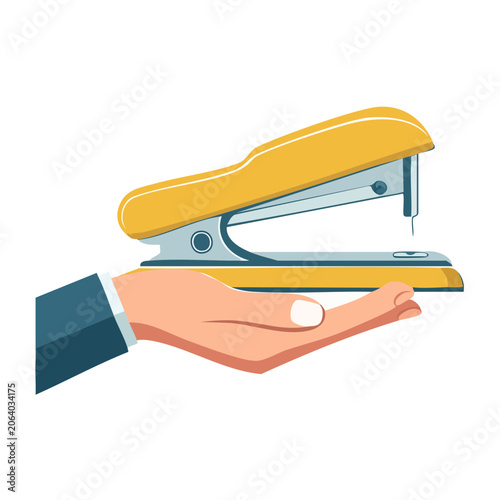 Hand holding yellow stapler flat illustration