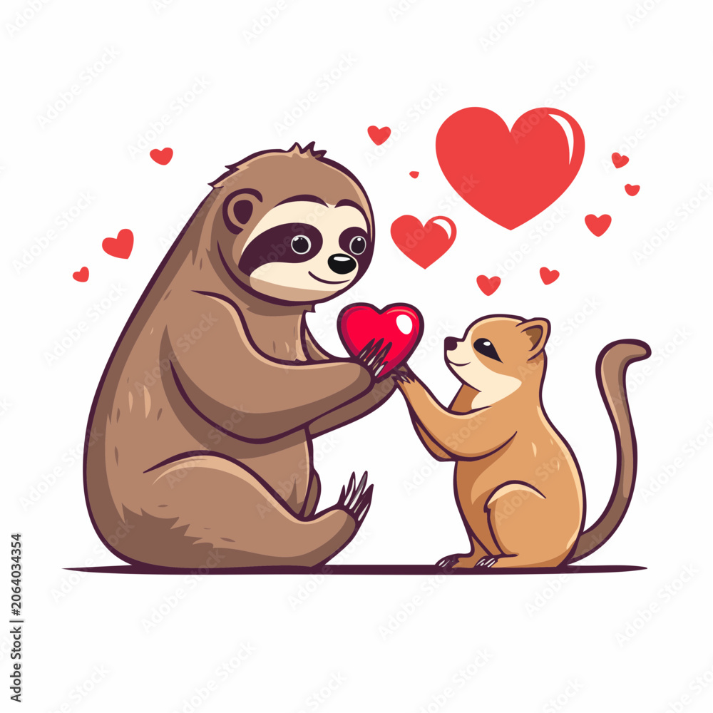 Obraz premium Cute Sloth and Meerkat Sharing a Heart