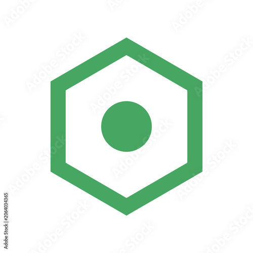 Simple green hexagon logo with central circle element.