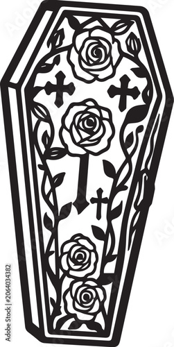 Εκτύπωση καμβά Ornate coffin with floral and cross-shaped cutouts, rendered in a stark, graphic style, evoking a gothic or dark aesthetic