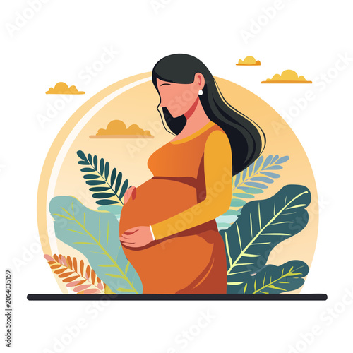 Pregnant woman in profile with plants and clouds