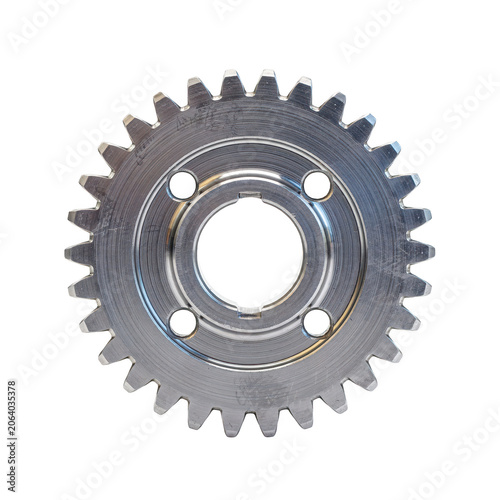 A metallic steel gear wheel with twenty-four teeth and four circular holes, isolated against a solid black background, showing industrial detail