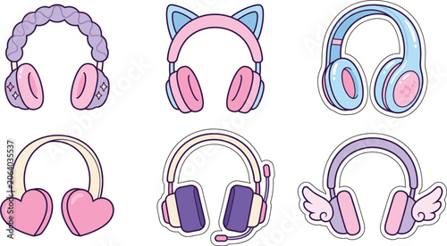 Tableau sur toile Cute Kawaii Pastel Headphones Vector Sticker Set with Cat Ears Angel Wings Heart