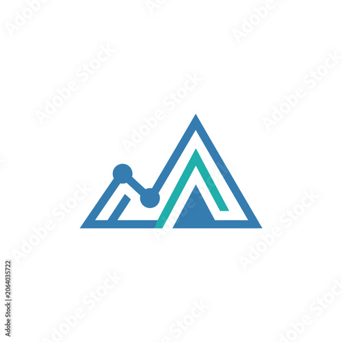 Blue geometric mountain icon with digital nodes