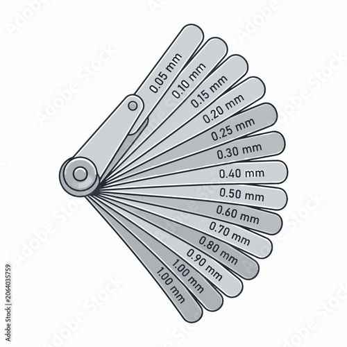A set of metal feeler gauges, fanned out, each labeled with its thickness in millimeters from 0.05 to 1.00 mm.