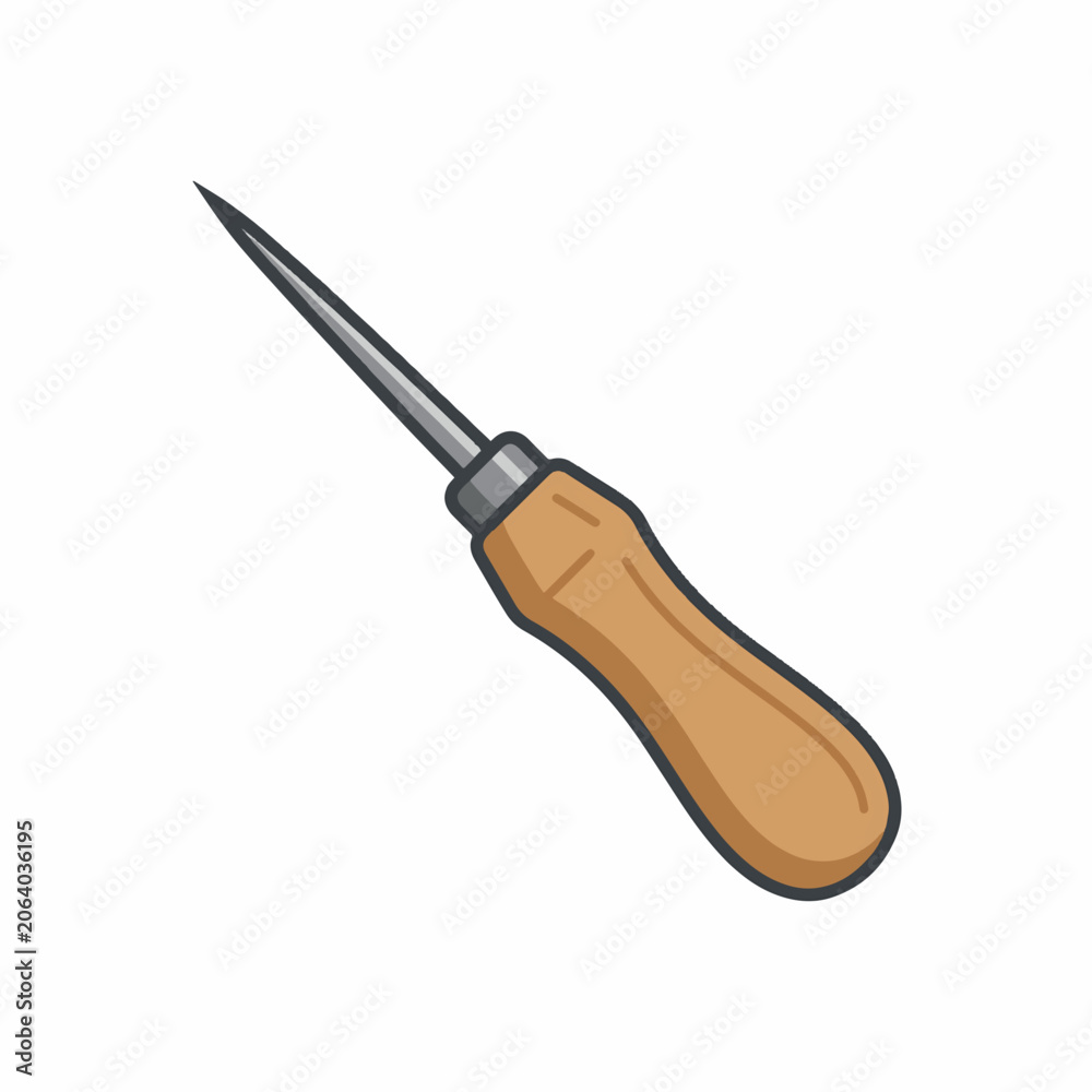 Obraz premium A cartoon illustration of an awl with a pointed metal tip and a wooden handle. The tool is isolated on a white background.