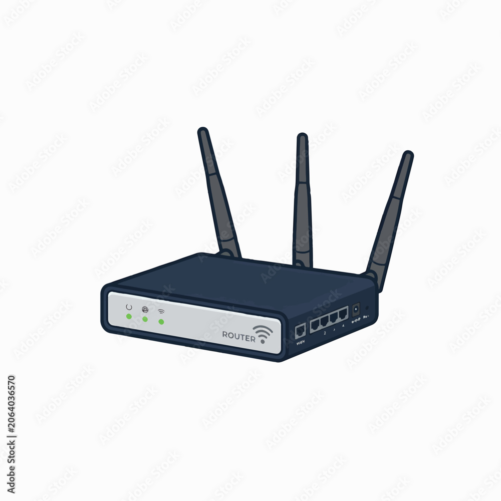 Fototapeta premium A black router with three antennas and multiple indicator lights. It has a silver trim and ports on the side.