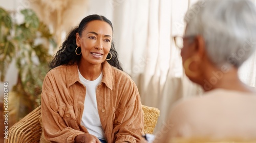 Two diverse women engage in a meaningful conversation about personal growth and life coaching in a cozy environment. This setting is ideal for wellness, mental health, and coaching sectors looking for