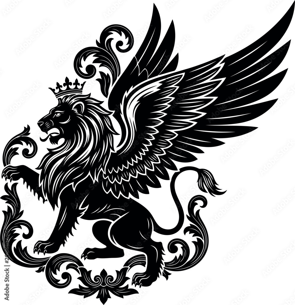 Fototapeta premium Majestic griffin with ornate wings and detailed mane illustration isolated design