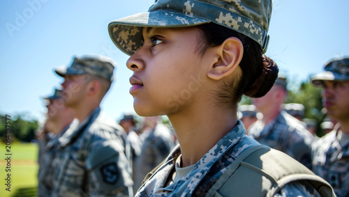 A female hispanic soldier faces forward in military formation with fellow troops under a bright blue sky, showcasing discipline and focus during training. Generative AI.