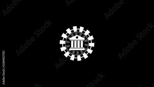 White Bank Building Icon Inside a Gear Mechanism Circle Representing Financial Technology And Banking System on Black Background.