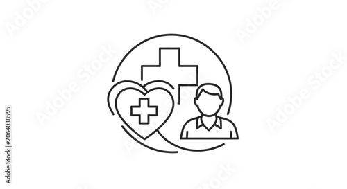 Healthcare icon with heart, cross and person symbol, representing medical care and well-being