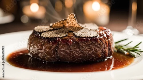 Gourmet seared beef tenderloin steak topped with sliced black truffles in a rich reduction sauce, served hot with rising steam on a white plate in a dimly lit fine dining restaurant.