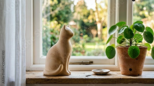 Wooden Cat Figurine and Potted Plant on Sunlit Window Sill With Garden View