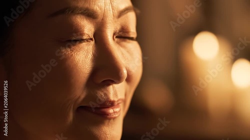 Extreme close-up of a mature woman with closed eyes and a tranquil smile, featuring warm side lighting on her skin and a bokeh background of soft golden glowing lights.