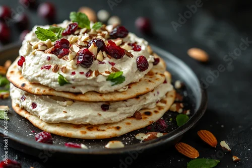 Fototapeta samoprzylepna Flatbreads with cashew cream, cranberries and almond slivers close up. Atmospheric plant based food photography in dark tones