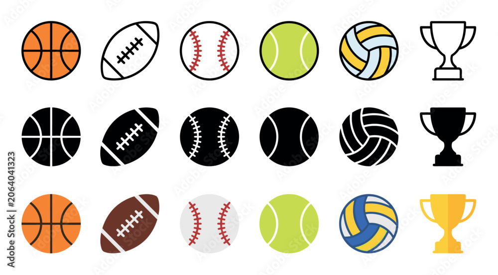 Naklejka premium Comprehensive collection of various sports balls and trophy icons presented in diverse styles, perfect for athletic themes and competition.
