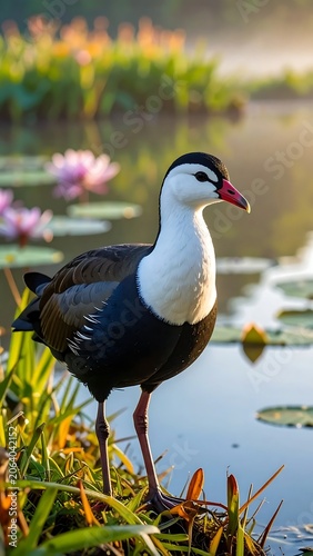 Elegant Black and White Waterbird Standing by Lily Pond at Sunrise