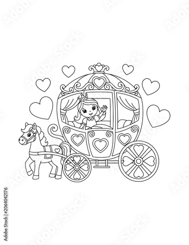 Cute Princess Riding in a Royal Carriage Coloring Page for Kids. Simple Fairy Tale Outline Illustration for Children.