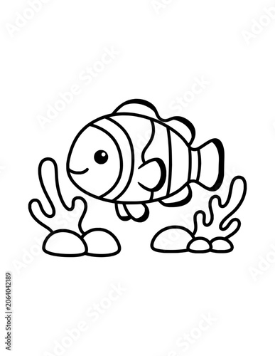 Cute Baby Clownfish coloring pages for kids. Trace and color clownfish. Ocean animal isolated on white background. Clownfish worksheets for kids activity. Cartoon clownfish clip art vector.