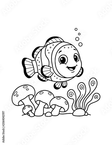 Cute Baby Clownfish Coloring Page for Kids. Simple Ocean Animal Outline Illustration for Children.
