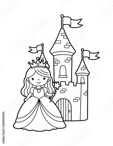 Cute Princess Standing Beside a Magical Castle Coloring Page – Printable Black and White Outline Educational Worksheet for Kids