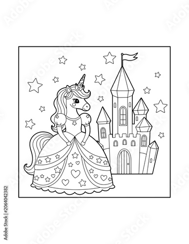 Cute Unicorn Princess with Glittering Horn Standing Coloring Page – Printable Black and White Outline Educational Worksheet for Kids