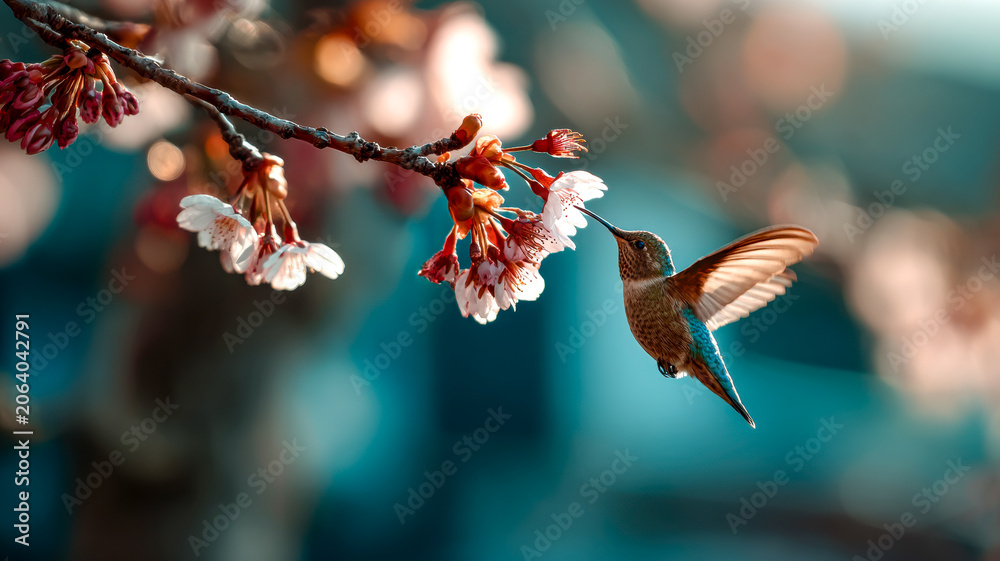 Obraz premium Hummingbird Sips Nectar from Cherry Blossoms