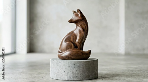 Wooden Fox Sculpture on Gray Concrete Base