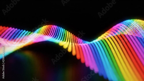 Abstract undulating rainbow spectrum of vertical glowing lines forming a wave pattern on a black background with shallow depth of field and surface reflections.