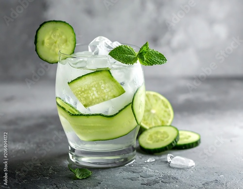 Refreshing Cucumber Infused Water with Ice and Mint in Clear Glass on Gray Table