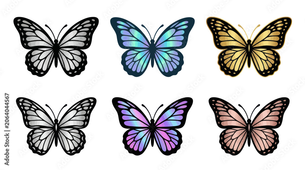 Obraz premium Set of Six Decorative Butterflies in Various Metallic Colors and Styles