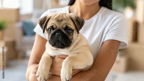 A woman with a dog in a new apartment, moving