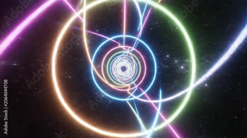 Abstract digital tunnel featuring glowing neon light lines in pink, blue, green, and orange forming concentric circles and geometric patterns against a dark starry space background.