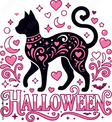 Black cat with pink hearts and stars on for halloween