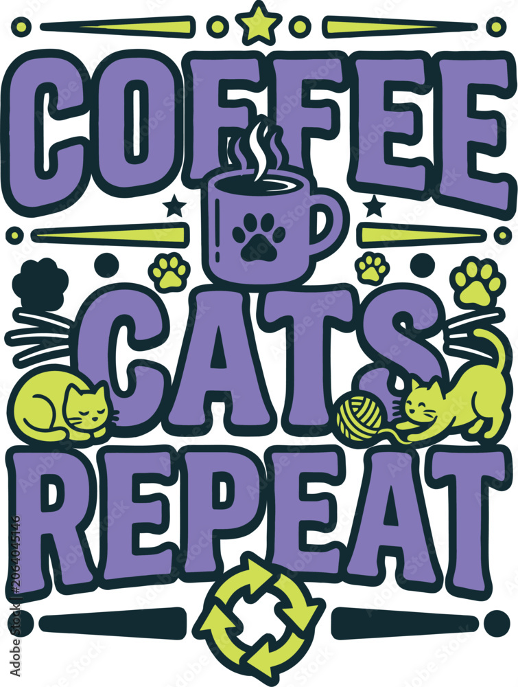 Fototapeta premium Fun coffee and cat themed graphic with purple and green colors