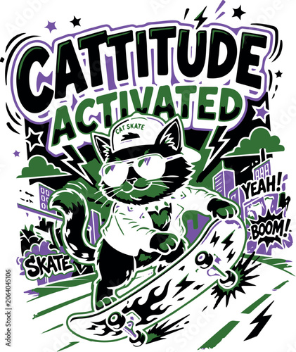 A cartoon cat wearing a hat and skateboarding with cattitude activated