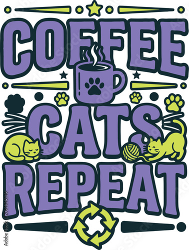 Fun coffee and cat themed graphic with purple and green colors