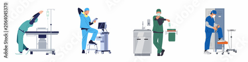 Φωτογραφία Flat vector illustrations of surgeons and medical staff performing stretching exercises in hospital settings to manage burnout and maintain physical health