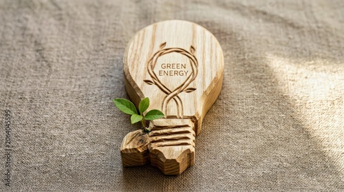 Wooden Light Bulb With Green Energy Inscription and Sprouting Plant