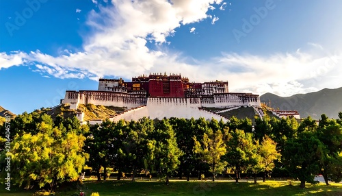 Majestic Hilltop Palace Overlooking Green Trees Under Dramatic Blue Sky in Lhasa
