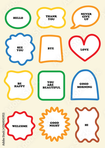 speech bubbles set, hand drawn doodle frame shapes colorful rough edge borders with motivation notes, stickers, labels, tags or banners vector illustration with copy space