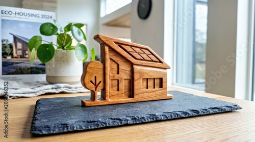 Wooden Miniature House Model With Solar Panels on Slate Base Near Potted Plant and Magazine