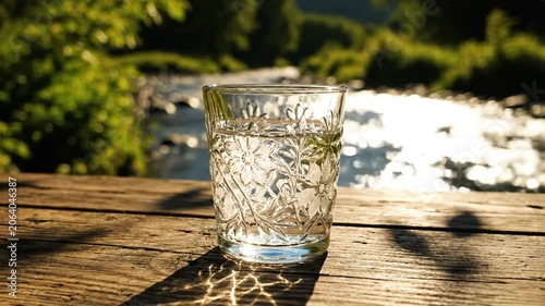 Ornate floral etched glass of clear water sits on a rustic wooden table with sun-dappled shadows, overlooking a sparkling river and lush greenery in bright golden light.