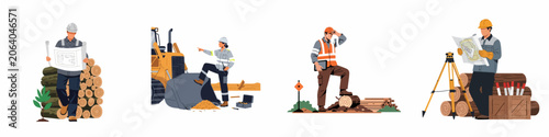 Konstfotografi Set of vector illustrations featuring construction workers, surveyors, and forestry professionals working on site with blueprints, heavy machinery, and surveying equipment
