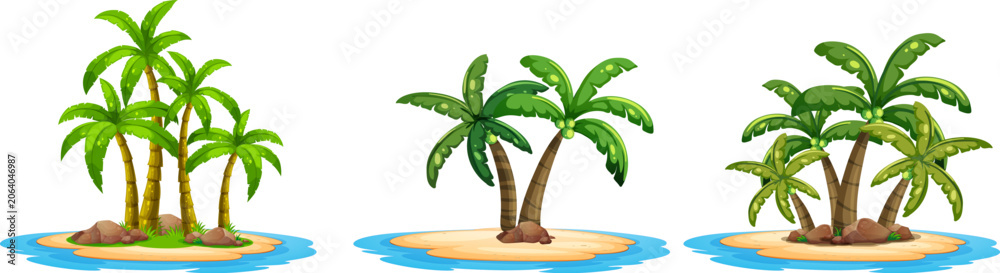 Obraz premium Tropical palm tree islands with sandy beaches and surrounding water