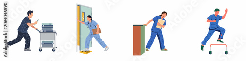 Busy medical staff and nurses in high-pressure hospital situations multitasking and rushing flat vector character set on white background