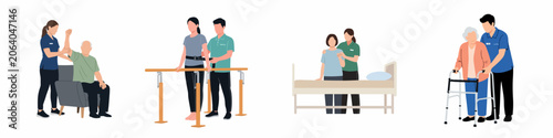 Set of flat vector illustrations showing physical therapists assisting patients with diverse rehabilitation exercises, mobility aids, and elderly care activities.