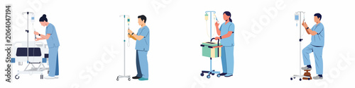 Set of flat vector illustrations of male and female medical professionals in blue scrubs preparing IV drips and medical equipment in a hospital.